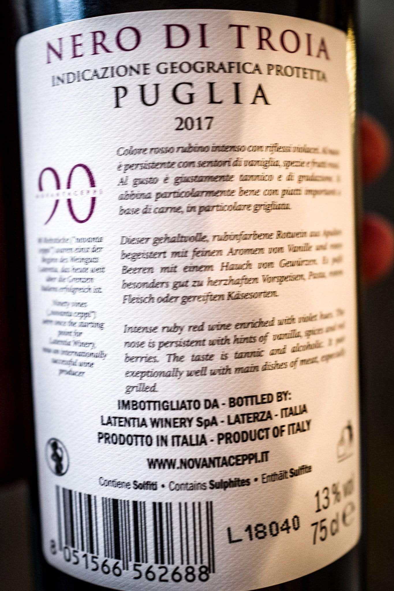 Lantentia 90 Novanteceppi Rødvin Latentia 90 Novantaceppi Ceppi Nero di Troia Puglia IGP 2017