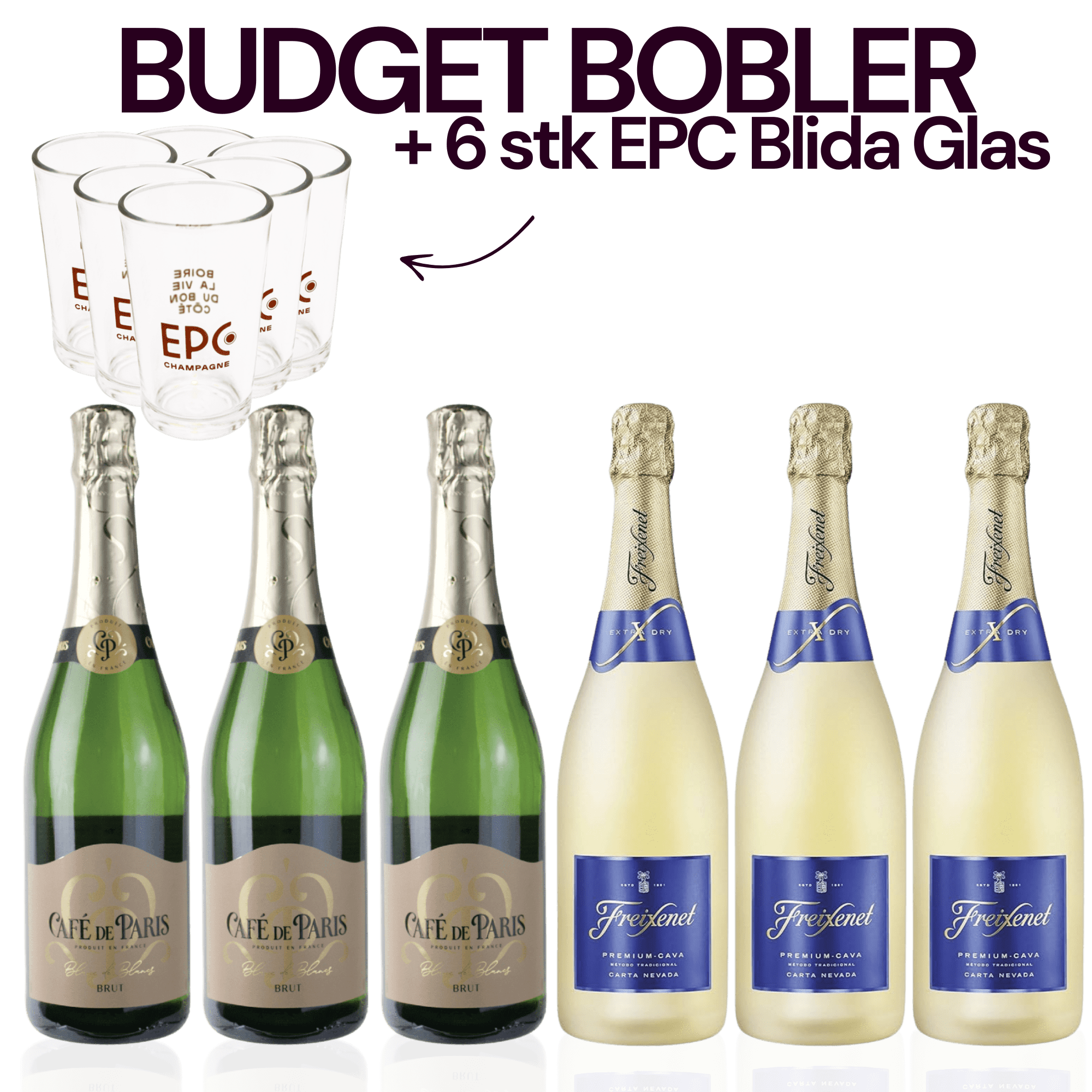 Den Sidste Flaske Mousserende Smagekasse Budget Bobler + 6 stk EPC Blida Glas