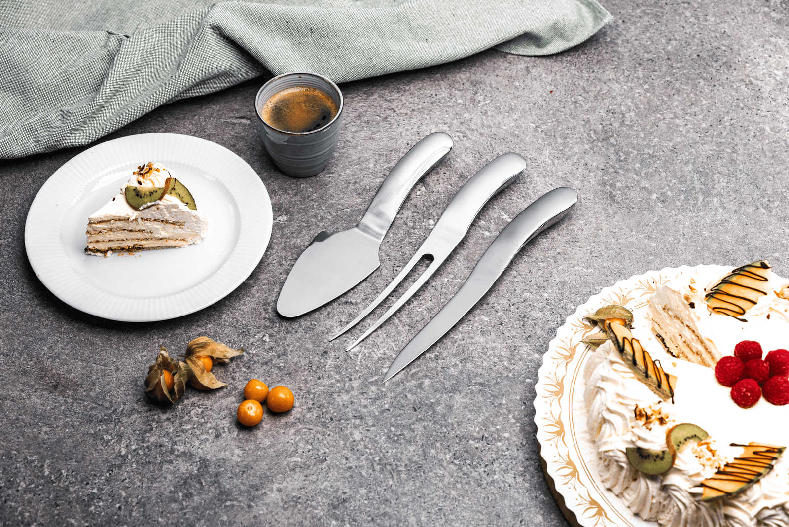 Den Sidste Flaske Haws Santo Cake Server, Knife & Fork Set Silver